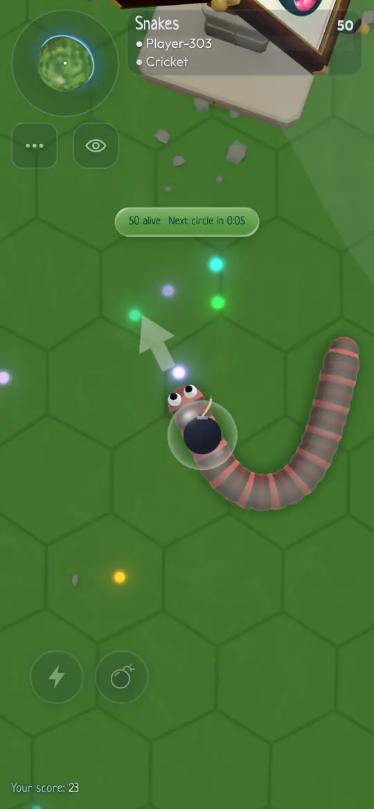 A phone game screen: the snake with a white steering arrow ahead of its head, round Boost and Item buttons in the lower left, and the minimap with two small buttons in the top left