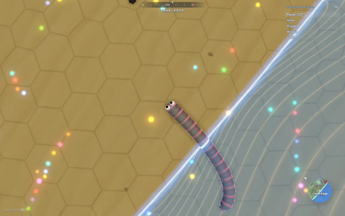 The storm in Battle Royale: a glowing blue wall crosses the ground, with the safe area on the left and the storm on the right, and a snake heading away from the wall with its tail still in the storm