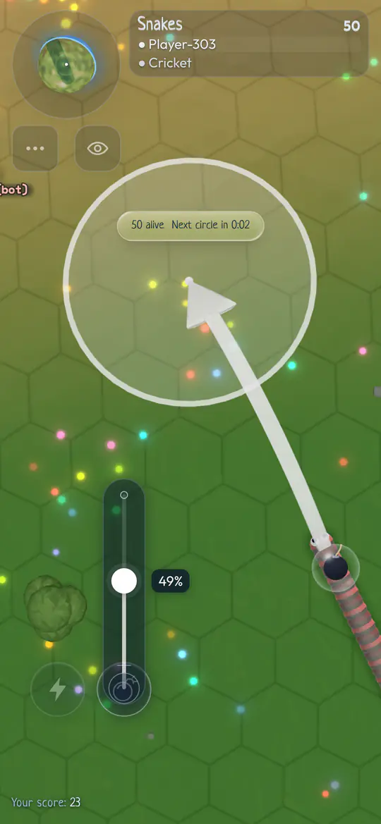 Throwing on a phone: a vertical slider rises from the item button, and an arrow from the snake shows the throw landing in a ring ahead